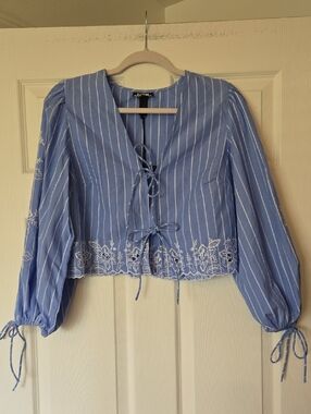 Future Collective Striped Blue Tie-Front Embroidered Top Small